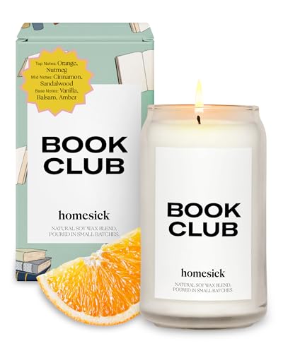Homesick Scented Candles for Home (Book Club) - Long-Lasting Natural Soy Wax Blend Jar Candle Gifts for Women & Men, 60-80 Hours Burn Time - Notes of Warm Nutmeg, Amber & Sandalwood