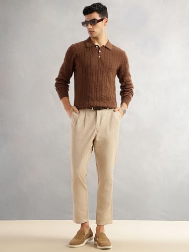 Image of Thomas Scott Men's | Regular Fit | Long Sleeves | Self Design | 100% Cotton | Button Closure | Dry Clean | Polo Collar | Knitted | T-Shirt