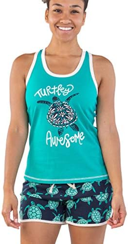 Lazy One Matching Pajamas for Women, Cute Pajama Shorts and Tank Top Set, Turtle, Animal, Ocean, Seaside (Turtlely Awesome, X-Large)