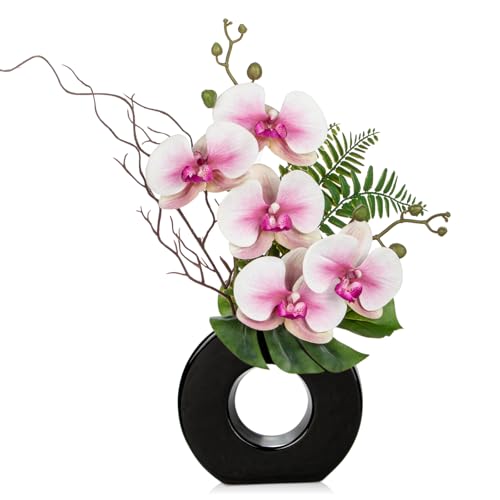 Briful Pink Orchid Fake Flowers with Vase, 16.1'' Artificial Orchid Silk Flowers Faux Orchid Arrangement for Home Office Dining Room Table Centerpiece Modern Decoration