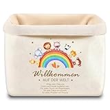 Babygeschenk Windeltasche, Baby Wickeltisch Organizer, Beige Windelkorb mit Regenbogen und Tiermotiven, Baumwolle Wickeltasche Organizer für Windeln und Babyartikel, Baby Geschenk für Babytaufe