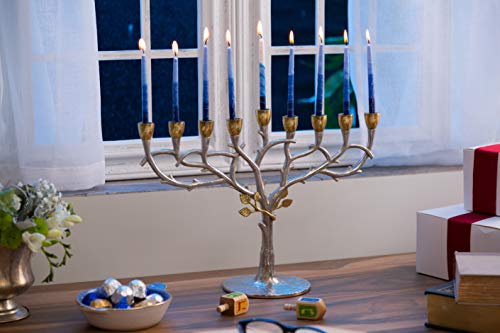 Classic Touch Decorium Two-Tone Menorah, Silver and Gold, with Leaf Design on Oil Cups- for Hanukkah Use