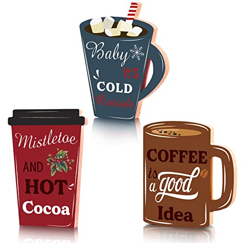 Weysat 3 Stück warme Wintersaison Getränke Tischplatte Holzblock Schild Winter Themed Tiered Tablett Dekor Holz Kaffeetasse Holzblock Bar Schild für Zuhause Tischdekorationen Cover