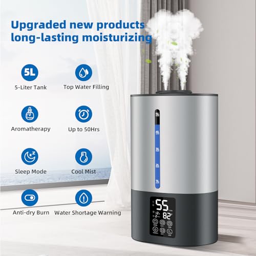 5L Humidifiers for Bedroom and Plants, Ultrasonic Cool Mist Humidifier for Baby home Mist Top Fill Desk Humidifier Essential Oil Diffuser, Quiet Humidifiers with Adjustable Mist,360°Nozzle-Gray