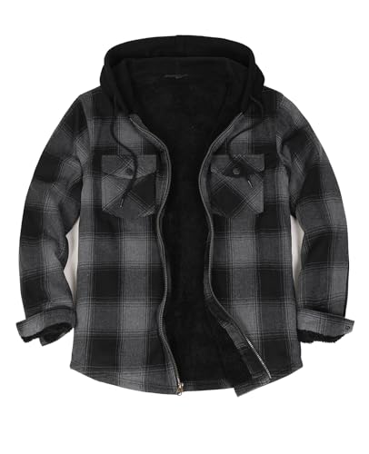 ZENTHACE Veste chemise en flanelle doublée Sherpa pour homme avec capuche, chemise à carreaux, doublure Sherpa, Gris délavé, Medium