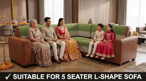 Image of KINGLY L-Shape Sofa Cover 5 Seater 3+2 Velvet Full Cover - Olive Green | Fully covered quilted velvet slipcover, washable anti-slip furniture protector, L-type corner sofa cover for living room