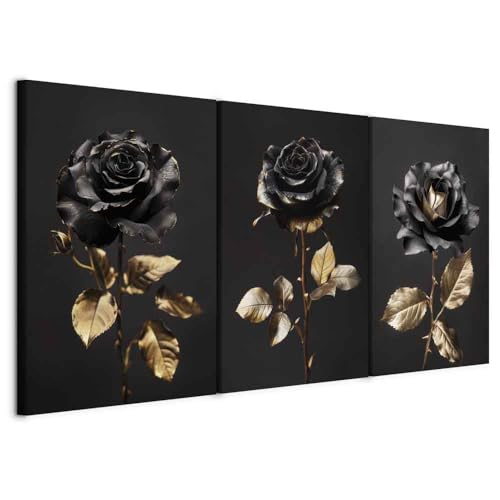 murando - Set De 3 Composición Cuadros Rosas con hojas doradas 60x30 cm 3 Piezas 20x30 cm Cada - Conjunto De 3 - Cuadro Para Pared Floral Pintura Decoración Salón Modernos - b-H-10169-b-a