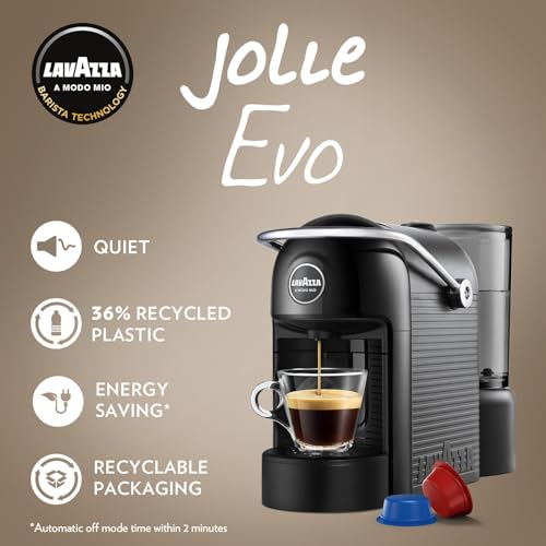 Image of Lavazza, A Modo Mio Jolie EVO, Coffee Capsule Machine, Made from 36% Recycled Plastic, Compatible with A Modo Mio Pods, with Removable Cup Rest, Automatic Shut-Off, 1250 W, 220-240 V, 50-60 Hz, Black