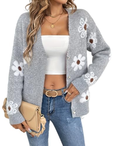 Image of IDEALSANXUN Womens Daisy Sweater Cardigan Fall Winter Button Down Flower Floral Sweaters