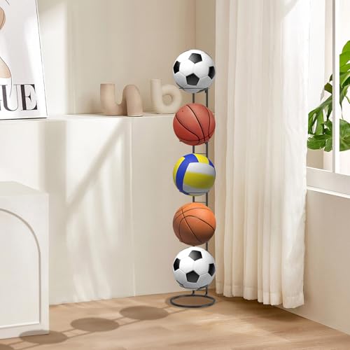 Ball Storage Rack 5 Tier Garage Sports Equipment Organizer Basketball Racks Vertical Removable Metal Ball Stand High Weight Capacity for Basketball Football Volleyball 45.5 x 9.3 Inch