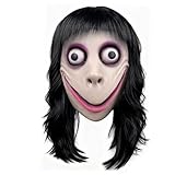 Dinwenddey MOMO Mask with Long Wig, Scary Head Mask with Black Hair, Halloween Cosplay Face Masks for Themed Party Props