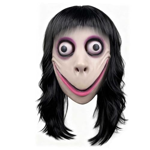 Dinwenddey MOMO Mask with Long Wig Scary Head Mask with Black Hair Halloween Cosplay Face Masks for Themed Party Props