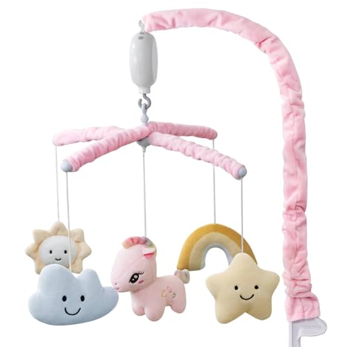 Image of FEISIKE Baby Crib Mobile for Girls with 3 Modes Digital Musical Box（Turn Only, Music Only, Turn & Music), Volume Control, 35 Lullabies, Pink, Nursery Toys for Newborn Ages 0 and Older, Knob Type