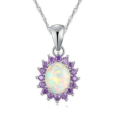 CiNily 14K White Gold Plated Opal Pendant Necklace-Flower/Oval Shap Necklace Gemstone Women Girls Jewelry Gift