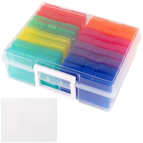 JIEHIN Caja de almacenamiento para fotos de 38 x 30 x 13 cm, caja organizadora de fotos con 16 soportes interiores de colores, caja de plástico transparente para tarjetas, manualidades