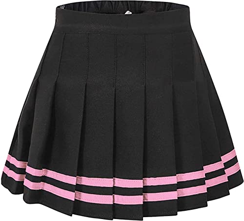 Cromoncent Girls Pleated Skirt School Uniform Cheer Elastic Waist Black Skirt For Girls, Black Pink Stripe, 13-14 Years = 170 #TOP5