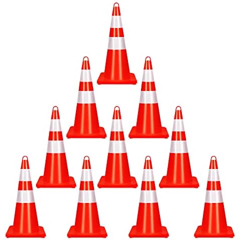 DOKIO 28 Inch Traffic Cones, 10 Pack Orange PVC Safety Cones with Reflective Collars, Hazard Construction Cones with Handle for Traffic Control, Driving Training Cover