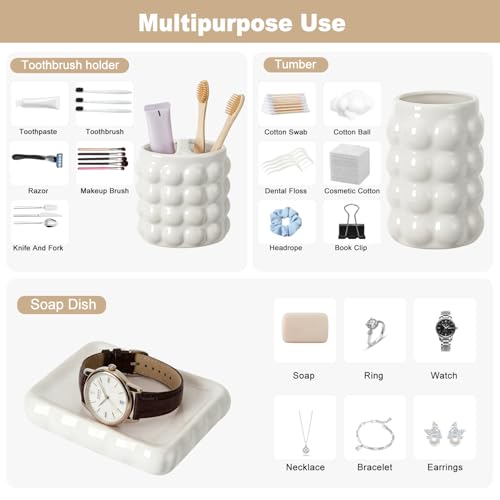 4 Piece Ceramic Bathroom Accessories Set –Soap Dispenser,Toothbrush Holder,Tumbler & Soap Dish,Includes Silicone Funnel,Non-Slip,Modern Farmhouse Countertop Organizer Set for Bathroom Decor, White — view 5