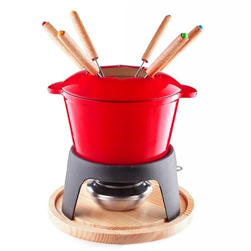 Suinga Set Fondue de Hierro Fundido Esmaltado, Soporte de Hierro con base de Madera, Apta para Inducción, 6 tenedores, Rojo