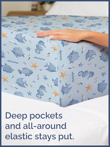Image of Kids Queen Size Blue Fish Bed Sheets - 4 Piece Kids Blue Fish Sheet Set | Blue Fish Themed Bedding, Ultra-Soft, Cute & Cozy, Breathable & Machine Washable, Bed Set for Boys, Girls & Teens, Breathable