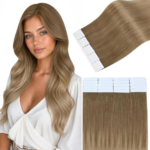 Image of Easyouth 24 Inch Tape in Hair Extensions Human Hair Ombre Tape Hair Extensions Real Human Hair Balayage Golden Brown Mix Blonde Seamless Tape in Hair Extension for Long Hair 50g 20pcs