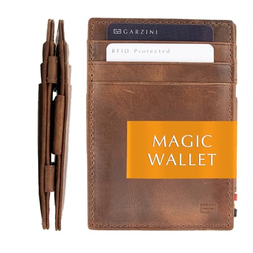 GARZINI Magic Wallet For Men, Minimalist Wallet with RFID card holder, Leather Wallet for 10 cards, Brushed Brown
