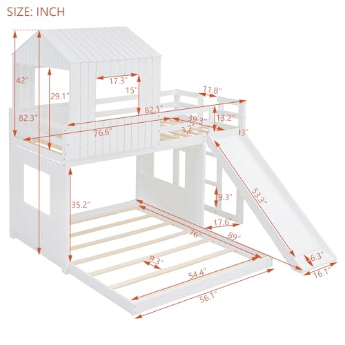 Image of Bellemave Bunk beds Twin Over Full with Slide,Ladders,House roof Design, Low bunk /loft Bed for Kids,White