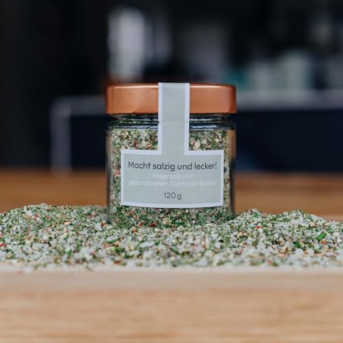 HOMEFARMING JUDITH RAKERS Kräutersalz – Meersalz mit getrockneten Gartenkräutern zum leckeren Würzen von Gemüse, Aufläufen und Fleisch in einem Schraubglas