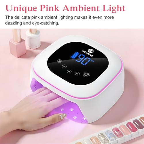 HELIVIVE Cordless UV LED Nail Lamp, 80W Rechargeable Nail Dryer with 4 Timers, Atmosphere Light & Mirror Base, UV Light for All Gel Nails, Ideal for Training,Nail Art Practice,Home & Salon Use (White)