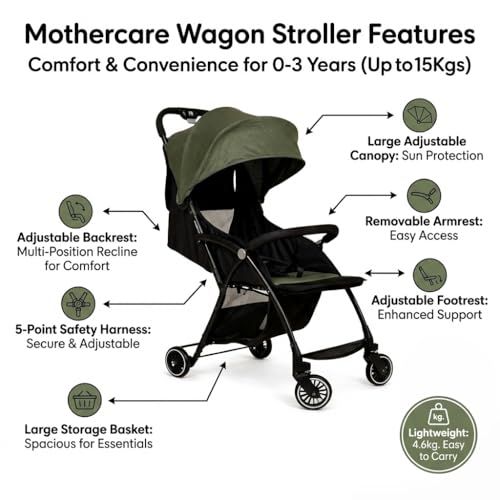 Image of Mothercare Baby Stroller Lightweight One-Key Fold 0-3 Years Green | Lightweight 4.6kg frame with 360 swivel wheels and one-key fold mechanism for easy storage and transport