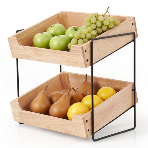 LIBKEN 2-Tier Fruit Basket Countertop Organizer – Rubberwood & Metal Fruit Stand – Minimal Scandinavian Design Storage for Fruits, Vegetables, Bread & Snacks – Airflow Design, Easy Assembly