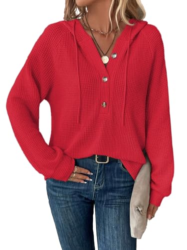 Tanmolo Hoodie Damen Kapuzenpullover Knopfleiste Leichter Pullover Langarm Sweatshirt Tops für Herbst Rot, XL