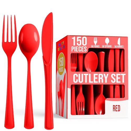 Party Solids Red Plastic Silverware Heavy Duty 150 Pieces Red Disposable Silverware Heavy Duty Utensil Sets 50 Of Each Forks Knives & Spoons Disposable Cutlery Set For Party Supplies