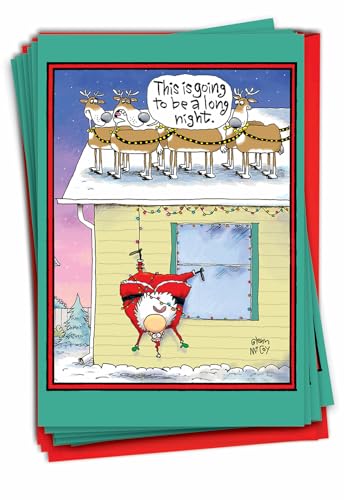 NobleWorks - 12 Boxed Merry Christmas Cards Bulk - Funny Cartoon Happy Holiday Stationery, Hilarious Notecard Set (1 Design, 12 Cards) - Long Night B1014
