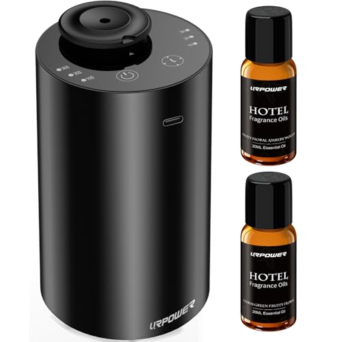 URPOWER Waterless Essential Oil Diffuser: No Water Needed Battery Operated Scent Diffuser - 2 * 20ML Hotel Fragrance Essential Oils - Cordless & Mini Oil Machine Aluminum for Car Home Office(Black)