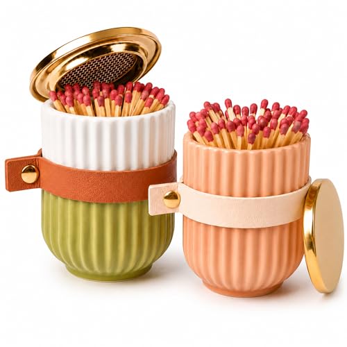 Ceramic Match Holder with Striker Set of 2 Refillable Matches in a Jar & Match Cloche Hidden Lid Striker Decorative Match Jar for Candle Lovers Bathroom & Fireplace & Incense Holder No Matches