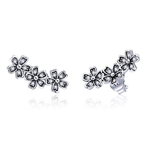 Bisaer Flower Ear Climber Crawler 925 Sterling Silver Flower Dangle Earrings 2 In 1 For Women Girls Bisaer #TOP22