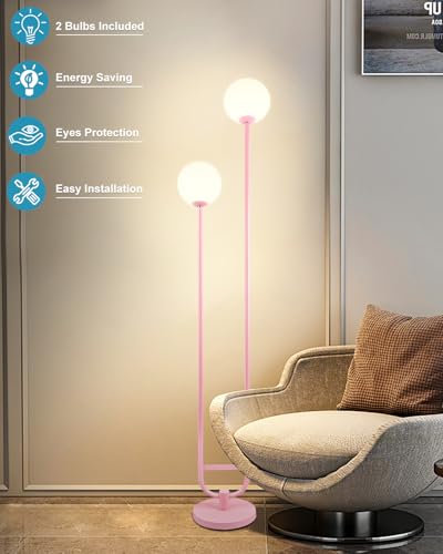 Image of Lightdot 63IN Pink Floor Lamp Modern Mid Century Globe Standing Lamps with 3000K LED Bulbs Included Candle Holder Style Vintage Tall Lamp for Living Room /Wedding /Sofa Beside /Corner Decor