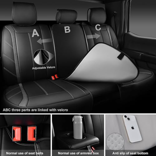 Image of CAR PASS Luxury Faux Leather Back Rear Seat Covers, Waterproof Anti Slip Carbon Fiber Seat Bench Cushion Breathable Sporty Backseat Row Protector Universal Fit for Sedans SUVs Vans Trucks,Solid Black