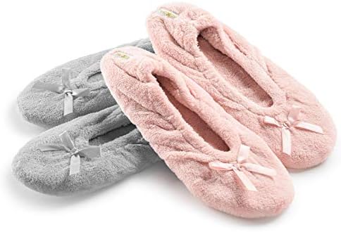 Roxoni Women's Terry Classic Cotton Ballerina Slippers (Pack of 2) Grey/Blush 7.5-8 Grey/Blush 7.5-8