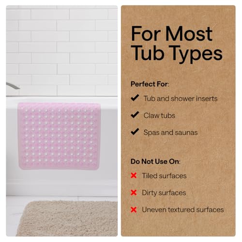 Image of GORILLA GRIP Patented Bath Tub Shower Mat, Machine Washable Bathtub Floor Liner Mats, Suction Cups and Drain Holes to Keep Tubs Clean, Soft on Feet, Bathroom Essentials, 35x16 Inch, Clear Light Pink