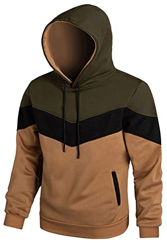 Hoodie Herren Pullover Sweatshirt Farbblock Vlies Langarm Kapuzenpullover Sweatjacke mit Tasche Grün Schwarz Khaki XL