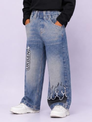 Image of KiddoPanti Boys Baggy Jeans | Stretch Denim Wide Leg Jeans | Elastic Waist Casual Denim Pants | Cotton Blend Loose Fit with 4 Pockets | Kids Street wear | 2-14 Years