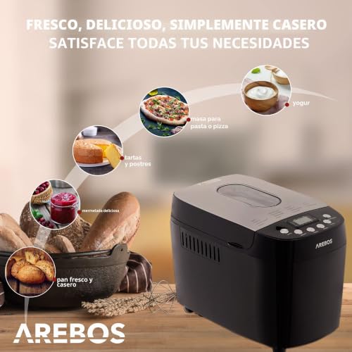 Miniatura 2 de Arebos Panificadora 1500 G Con 15 Programas 2 Ganchos Para Amasar Temporizador Pantalla Lcd 3 Niveles De Tostado Y Tamaños De Pan 850 W Negro