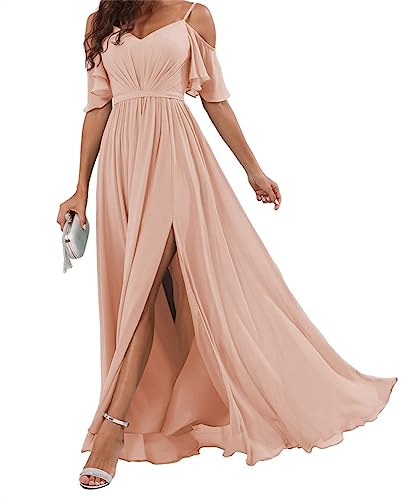 Abito da damigella d'onore in chiffon con spalle scoperte e pieghe a linea spaccata, abito lungo da damigella d'onore per le donne, Rosa cipria, 52
