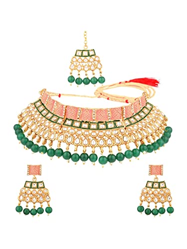 Efulgenz Indian Kundan Crystal Faux Pearl Bollywood Traditional Gold Tone Wedding Choker Necklace Earrings Maantikka Jewelry set