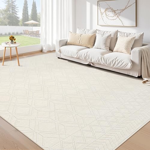 9x12 Area Rugs for Living Room: Washable Geometric Moroccan Rug Large Neutral Modern Farmhouse Soft Indoor Non-Slip Printed Pattern Carpet for Bedroom Nursery Office Dining Room (Beige,9'x12')
