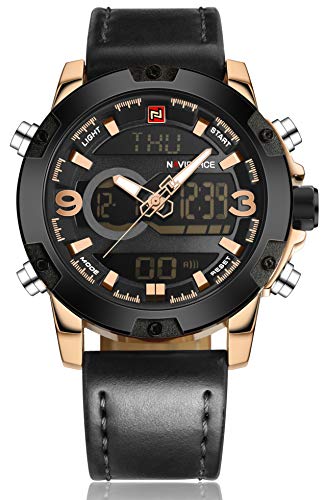 Tonnier Genuine Leather Band Analog Digital LED Dual Time Display Mens Watch, Black&Gold
