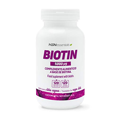 Biotine 5000mcg de HSN, Vitamine pour les Cheveux, sa Croissance et Éviter la Chute, Renforcement des Ongles, Peau plus Douce et Terse, Végétalien, Sans Gluten, 120 capsules végétales Cover