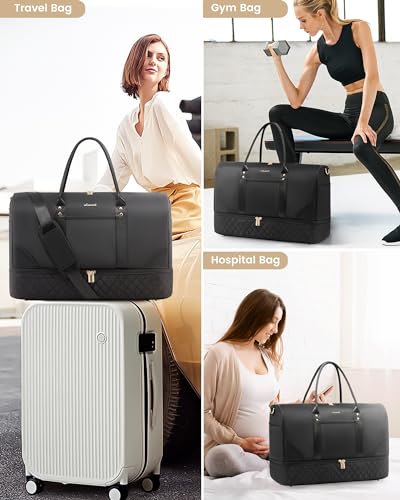 Foto de LOVEVOOK Bolsa de fin de semana para mujer, bolsa de lona de viaje, bolsa de mano para la noche, bolsa de lona para gimnasio y yoga, Negro -, Viajes (imagen 7)